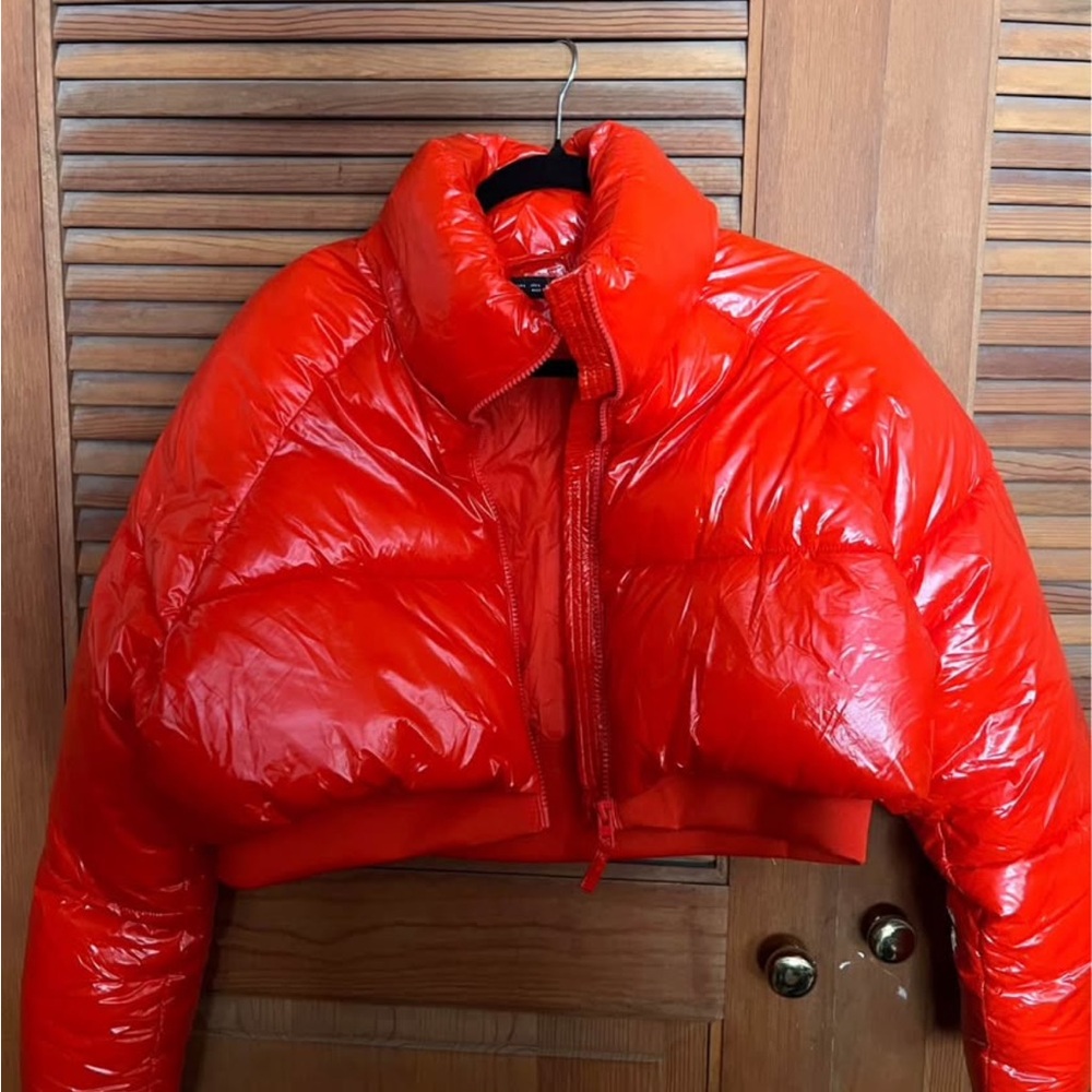 Zara Shiny Orange/Red Cropped Puffer Jacket